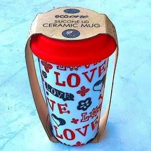 ECO ONE REUSE ME TRAVEL MUG LOVE HEARTS RED SILICON LID COFFEE 10 OZ